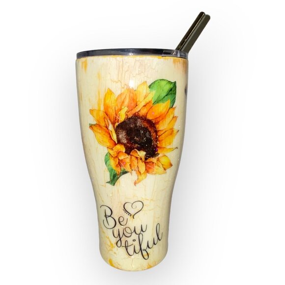 Original Stainless Steel Tumbler Sunflower Glitter Be You Tiful Metal Straw - Picture 1 of 7